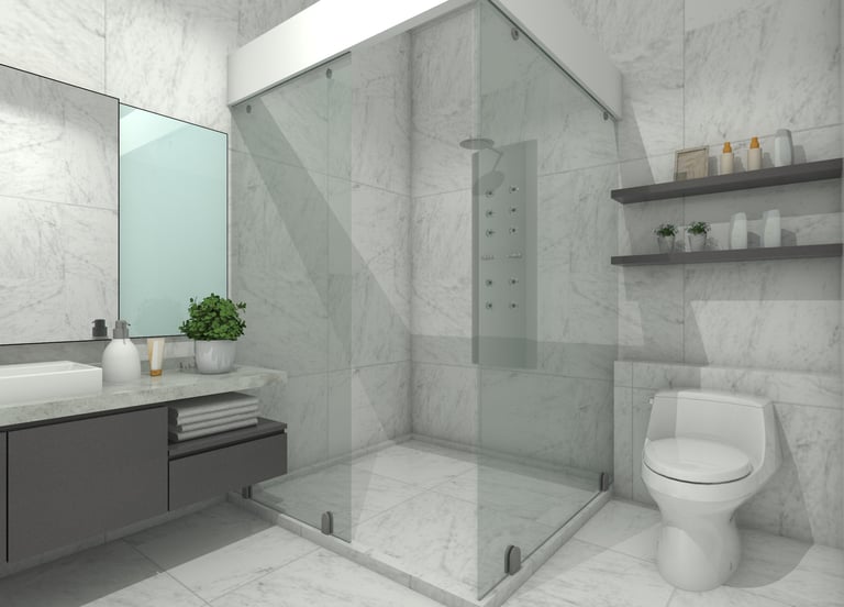 Modern bathroom interior design with mirror panel and storage