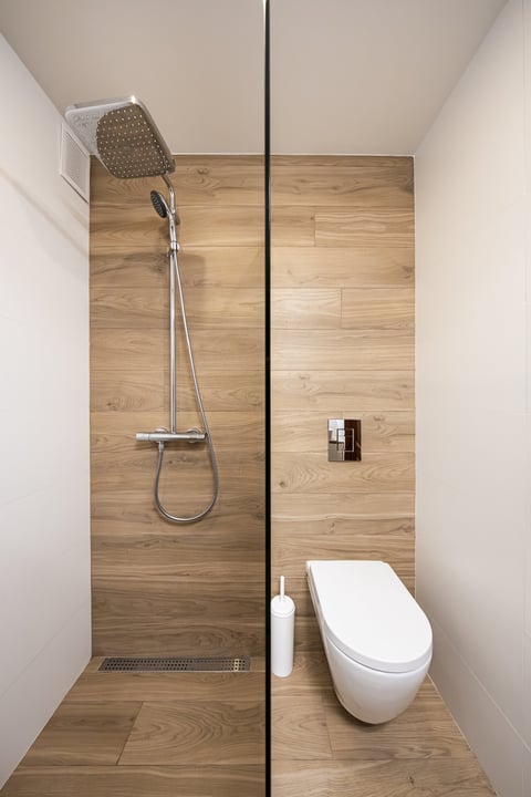 Compact bathroom with walk-in shower