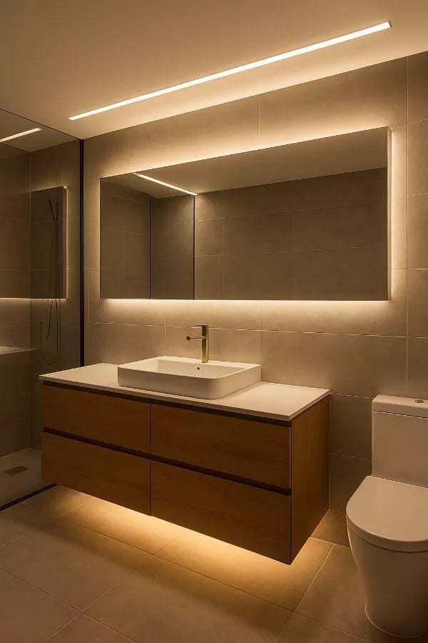Modern bathroom with floating wooden vanity and illuminated mirror