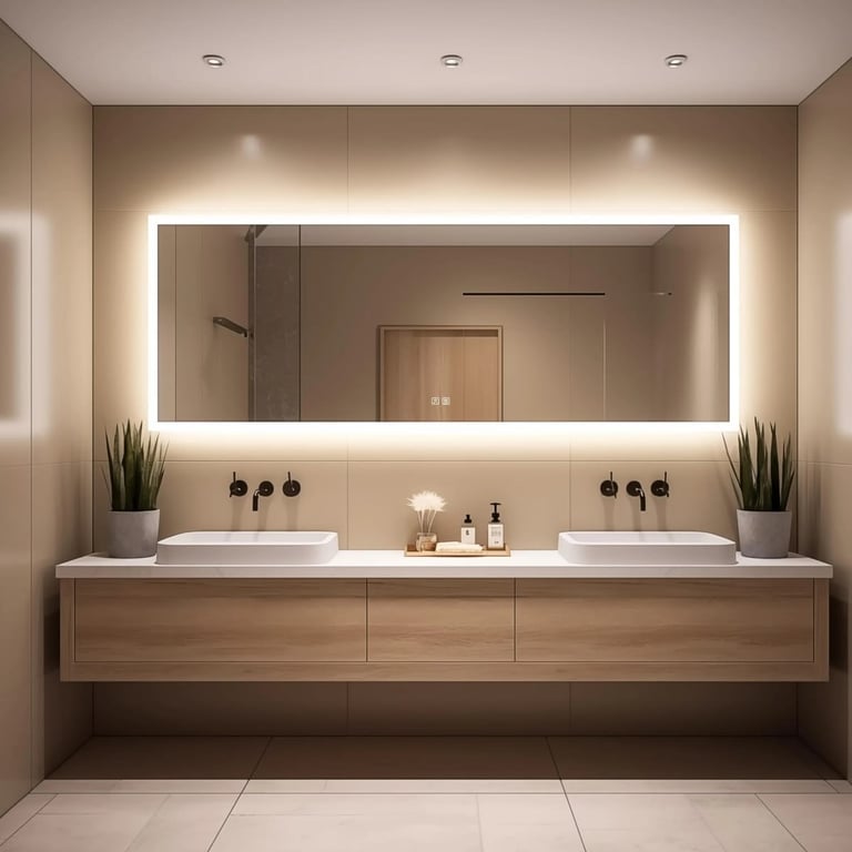 Modern bathroom with dual white vessel sinks and large backlit mirror