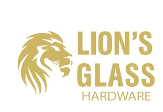Lions Glass Hardware logo featuring a gold lion head icon with company name in bold text