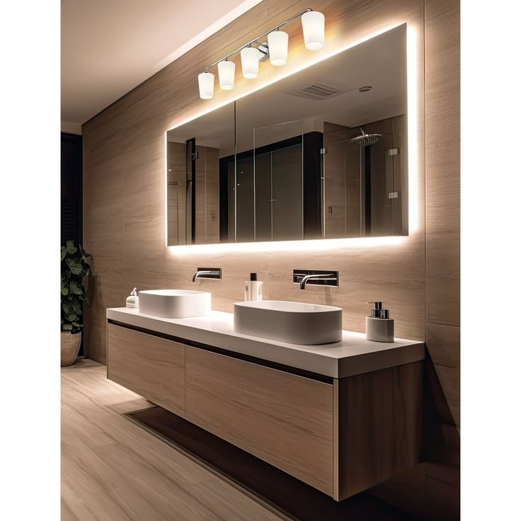 Modern bathroom with illuminated mirror, dual vessel sinks, wooden vanity, and accent lighting above