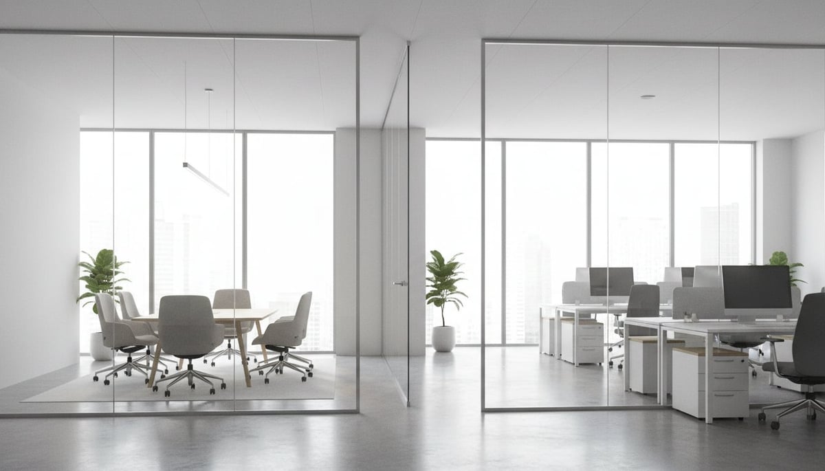 Modern open office space with glass partitions, minimalist furniture, desktop computers, and potted plants separated into two work zones