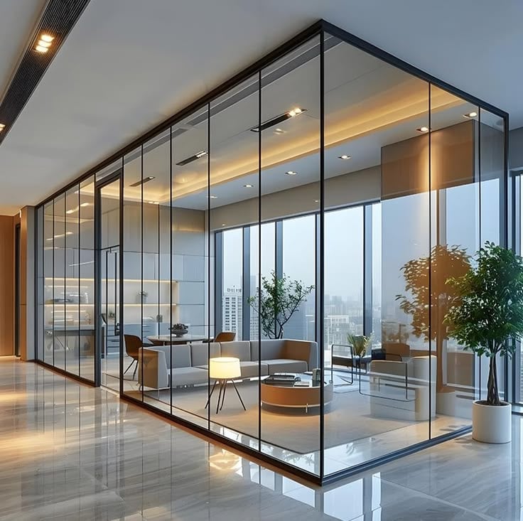 Modern glass office space with black frames and city skyline