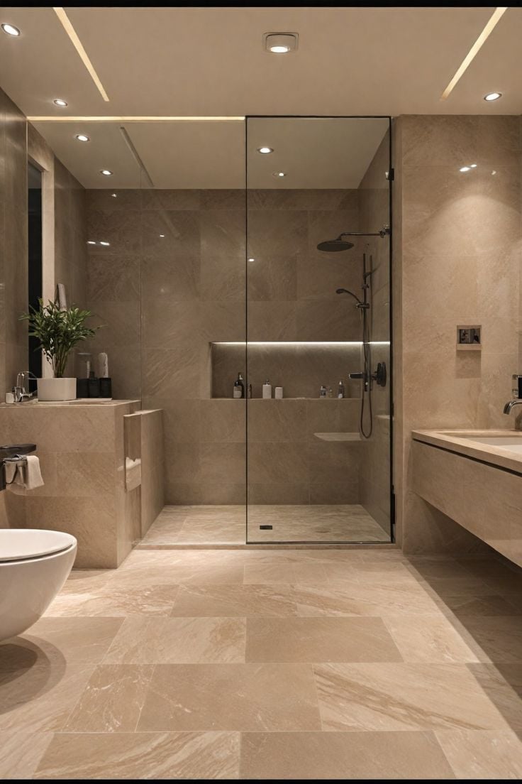 Modern luxury bathroom with walk-in shower and floating vanity