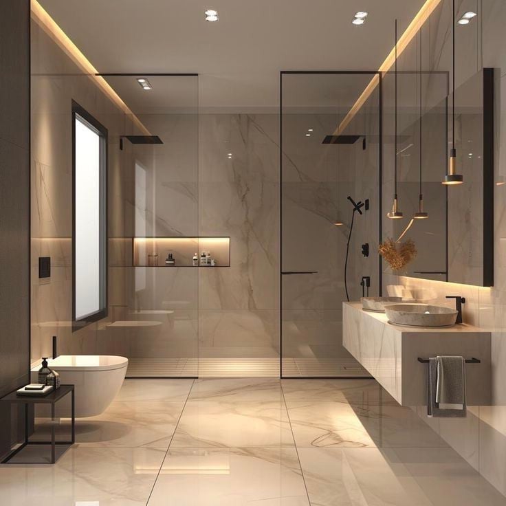 Modern luxury bathroom with marble walls and walk-in shower